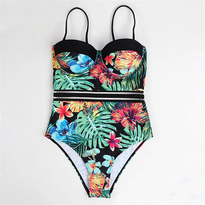 Damen Badeanzug Blätter Print Bügel BH-Cup Monokini Einteiler
