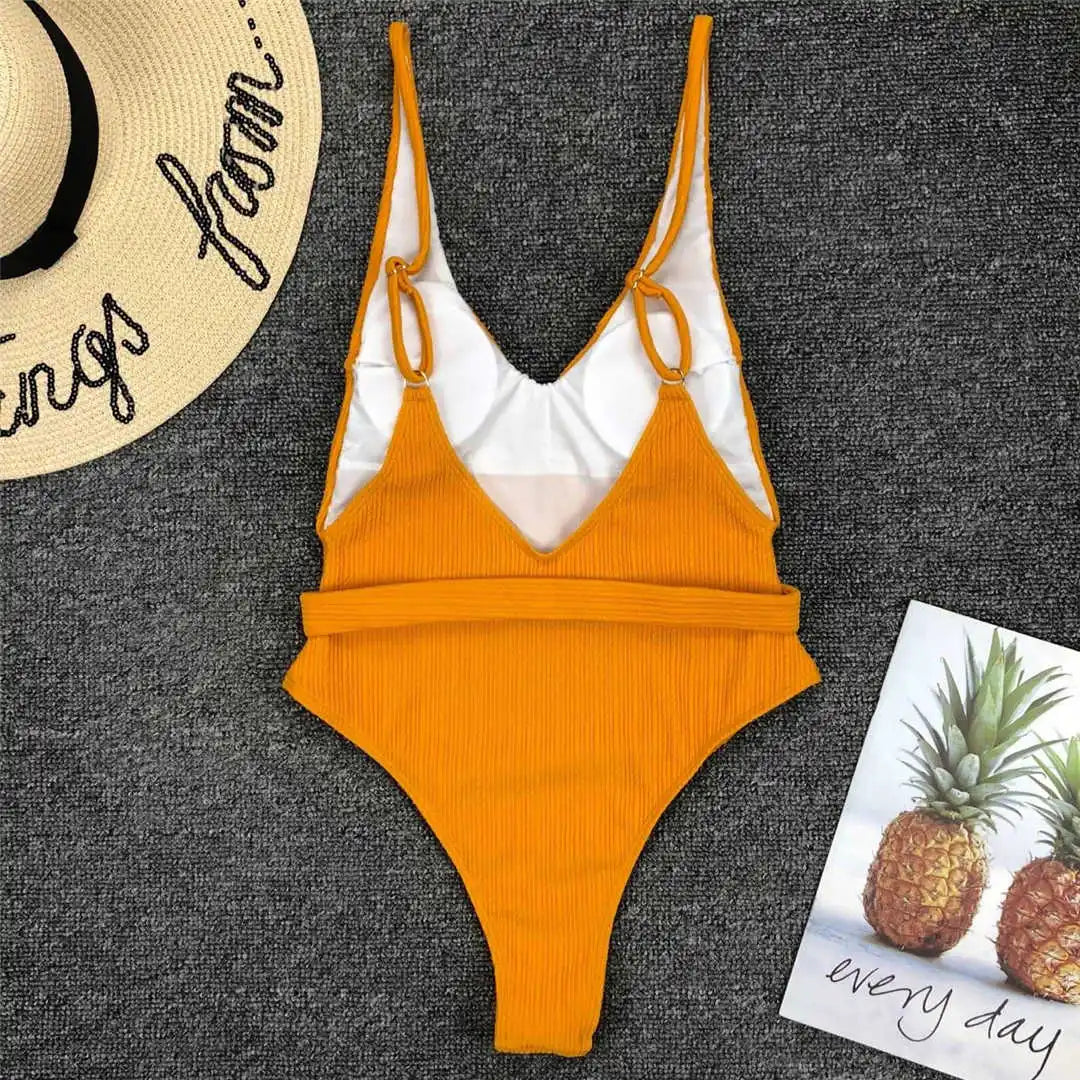 Damen-Badeanzug gerippt High-Cut Gürtel Monokini 6 Farben