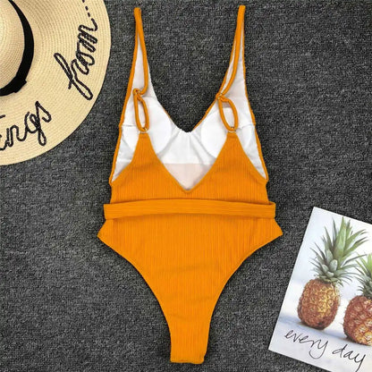 Damen-Badeanzug gerippt High-Cut Gürtel Monokini 6 Farben