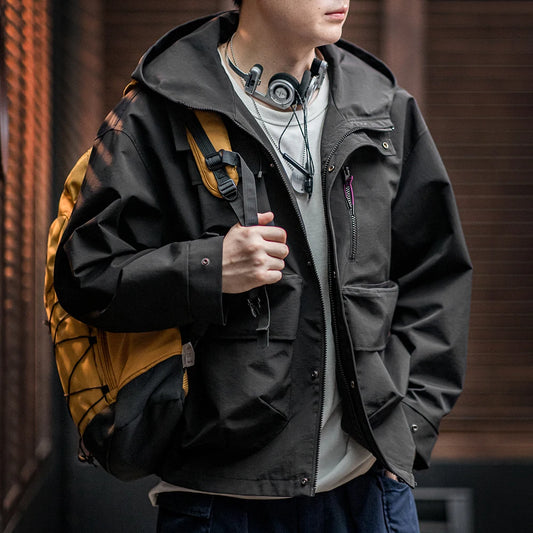 Herren Kapuzenjacke Lässig Funktionell Mit mehreren Taschen Schwarzer Outdoor-Sportmantel