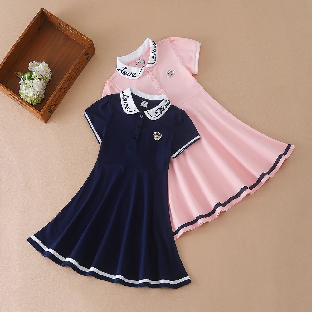 Mädchen Sommerkleid 2024 Turn-Down Kragen Kleidung Kinder adrette Stil bestickte Schule Sommerkleid Kinder 5-12 Jahre