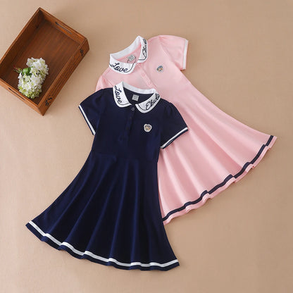 Mädchen Sommerkleid 2024 Turn-Down Kragen Kleidung Kinder adrette Stil bestickte Schule Sommerkleid Kinder 5-12 Jahre