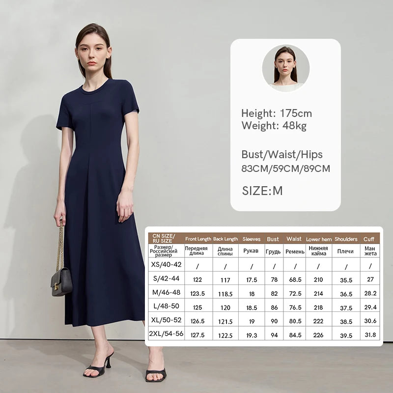 Damen-Sommerkleid mit O-Ausschnitt, kurzarm, dunkelblaues Midi, Größen-Tabelle rechts