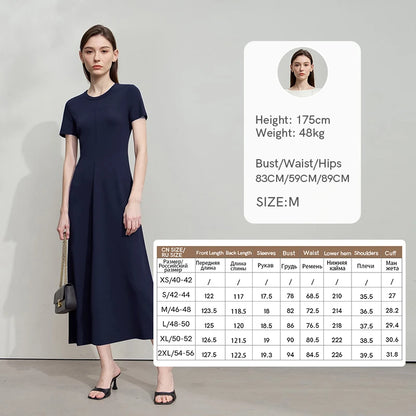 Damen-Sommerkleid mit O-Ausschnitt, kurzarm, dunkelblaues Midi, Größen-Tabelle rechts