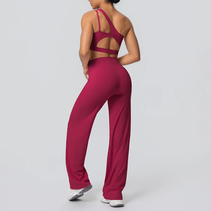 Weinrotes Sportset: High-Waist Leggings mit weiten Beinen und ärmellosem Top mit Cut-out