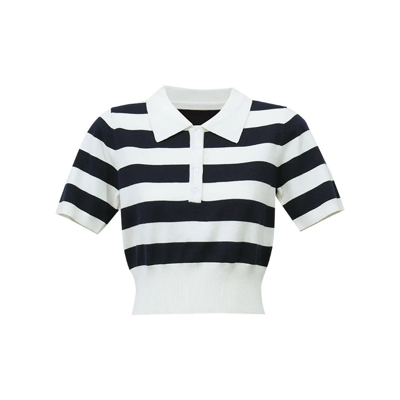 Gestreiftes Damen-Stricktop mit Polokragen, Knopfleiste und kurzem Ärmel (Schwarz-Weiß)