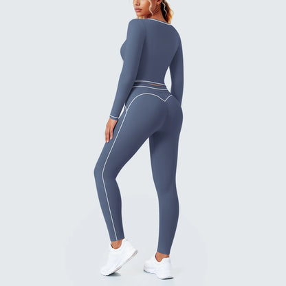 Damen-Yoga-Set dunkelblau: Rückansicht von Langarmshirt und Leggings mit Kontrastnähten