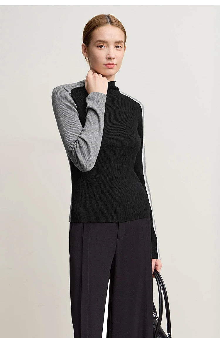 Damen-Halbrollkragen-Pullover Slim asymmetrisch Kontrast Winter