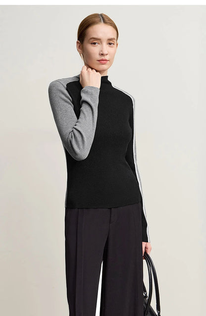 Damen-Halbrollkragen-Pullover Slim asymmetrisch Kontrast Winter