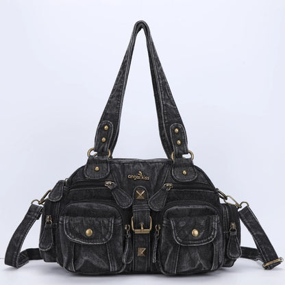 Damen-Handtasche Denim-Optik mit Top-Handle Reißverschluss und Innenfächer Alltagsbedarf
