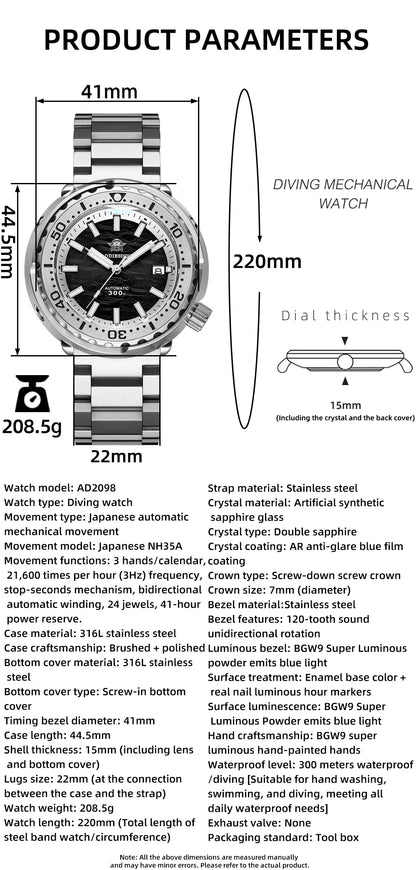 Herren-Taucheruhr mit 300 m Wasserdichtigkeit und NH35A-Automatikwerk