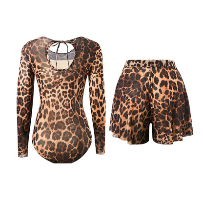 Damen-Badeanzug Leopard Langarm Shorts Set gepolstert einteilig