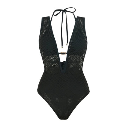 Damen-Badeanzug V-Ausschnitt Netzstrick rückenfrei Monokini Weste