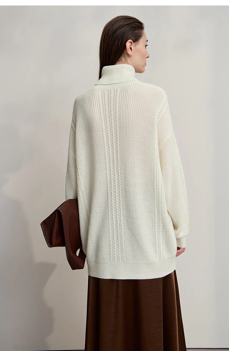 Damen-Rollkragenpullover Wolle lang locker Retro Winter