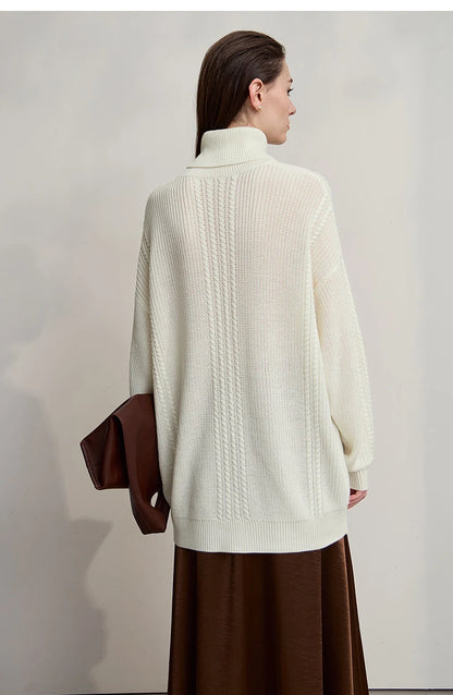 Damen-Rollkragenpullover Wolle lang locker Retro Winter