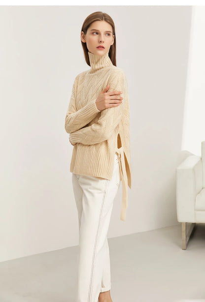 Damen-Rollkragenpullover locker Schnürung Herbst-Winter