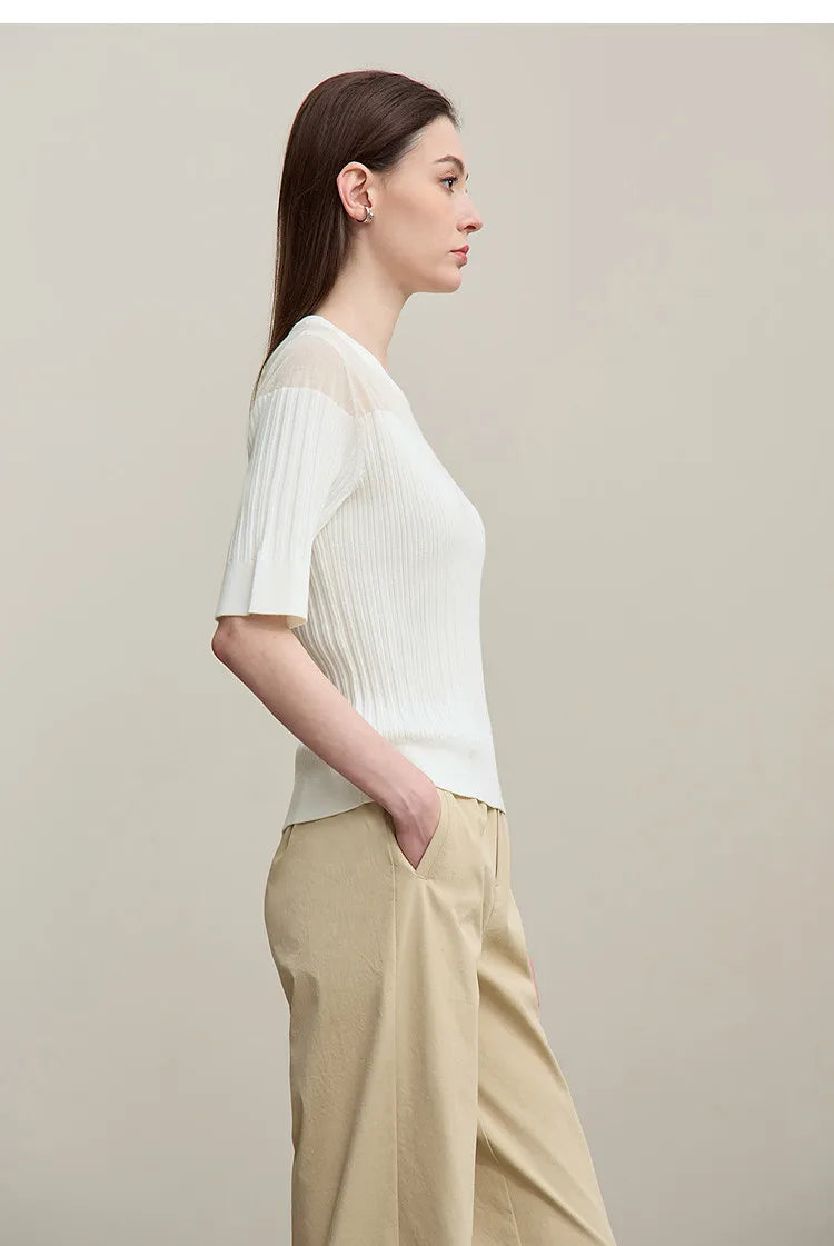 Damen-Stricktop, cremefarben/weiß, Seitenansicht, halbarm, gerippt, Mesh-Panel im Schulterbereich