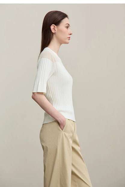 Damen-Stricktop, cremefarben/weiß, Seitenansicht, halbarm, gerippt, Mesh-Panel im Schulterbereich