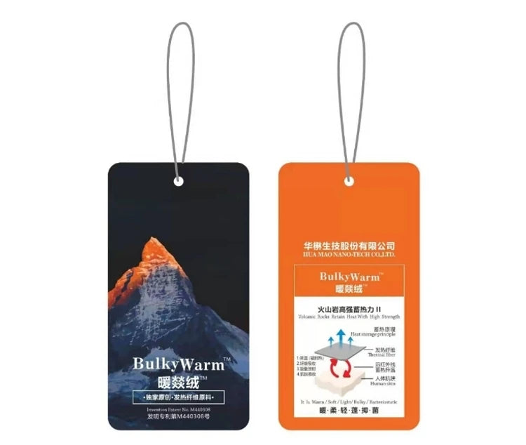 Anhänger für Pullover mit BulkyWarm-Aufdruck und Bergmotiv in Blau/Orange