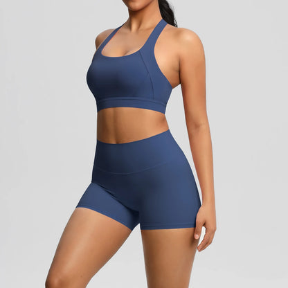 Damen-Sportset mit Crop Top und Shorts, navyblau, nahtbetont