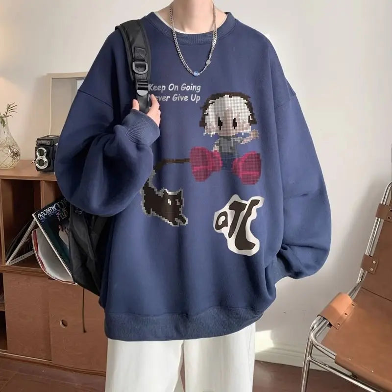 Japanischer Vintage-Pullover mit Fleece, Rundhalsausschnitt und Print – Lässiger Langarm-Hoodie für Herren im Winter.