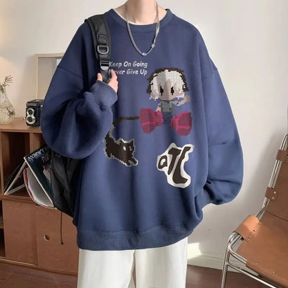Japanischer Vintage-Pullover mit Fleece, Rundhalsausschnitt und Print – Lässiger Langarm-Hoodie für Herren im Winter.