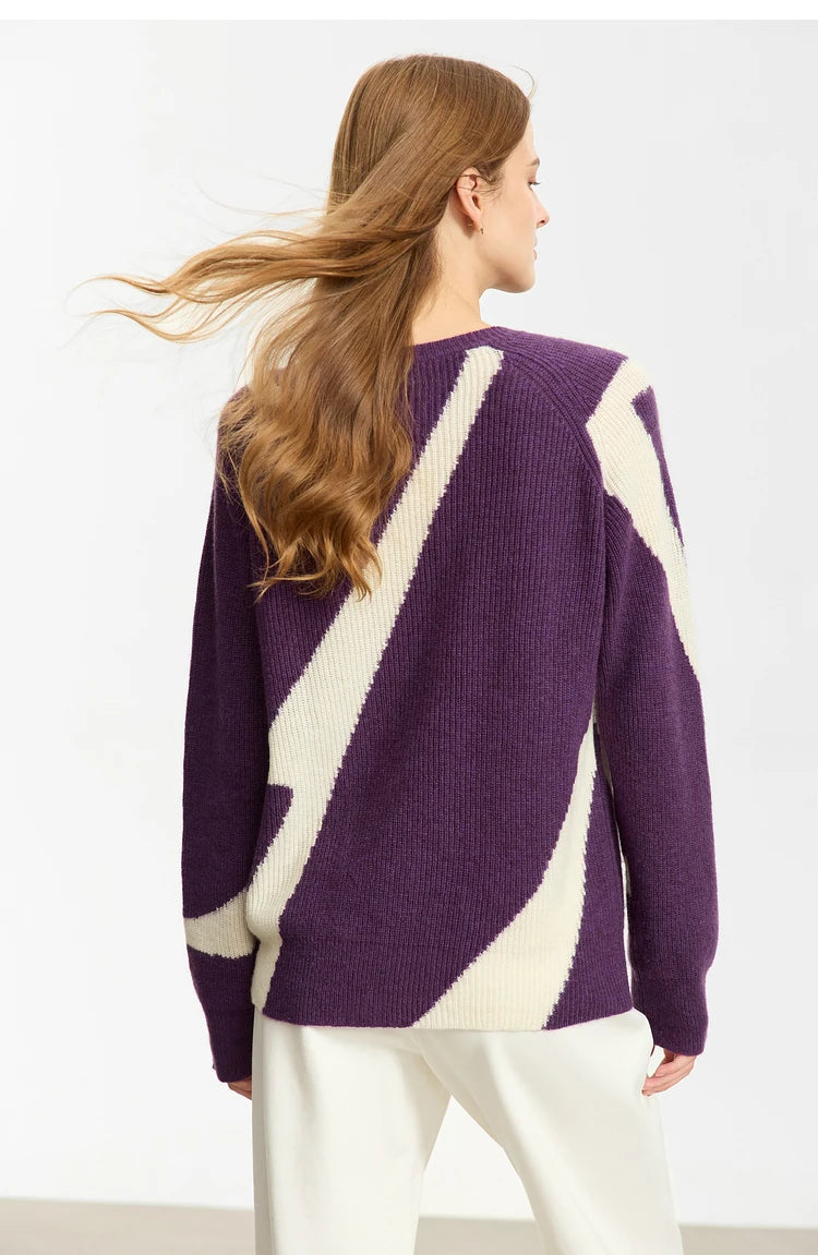 Damen-Rundhalspullover Wolle Yak asymmetrisch Patchwork locker Winter