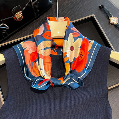 Damen Seidenschal 53cm quadratisch Blumenprint Luxus Hijab Bandana J