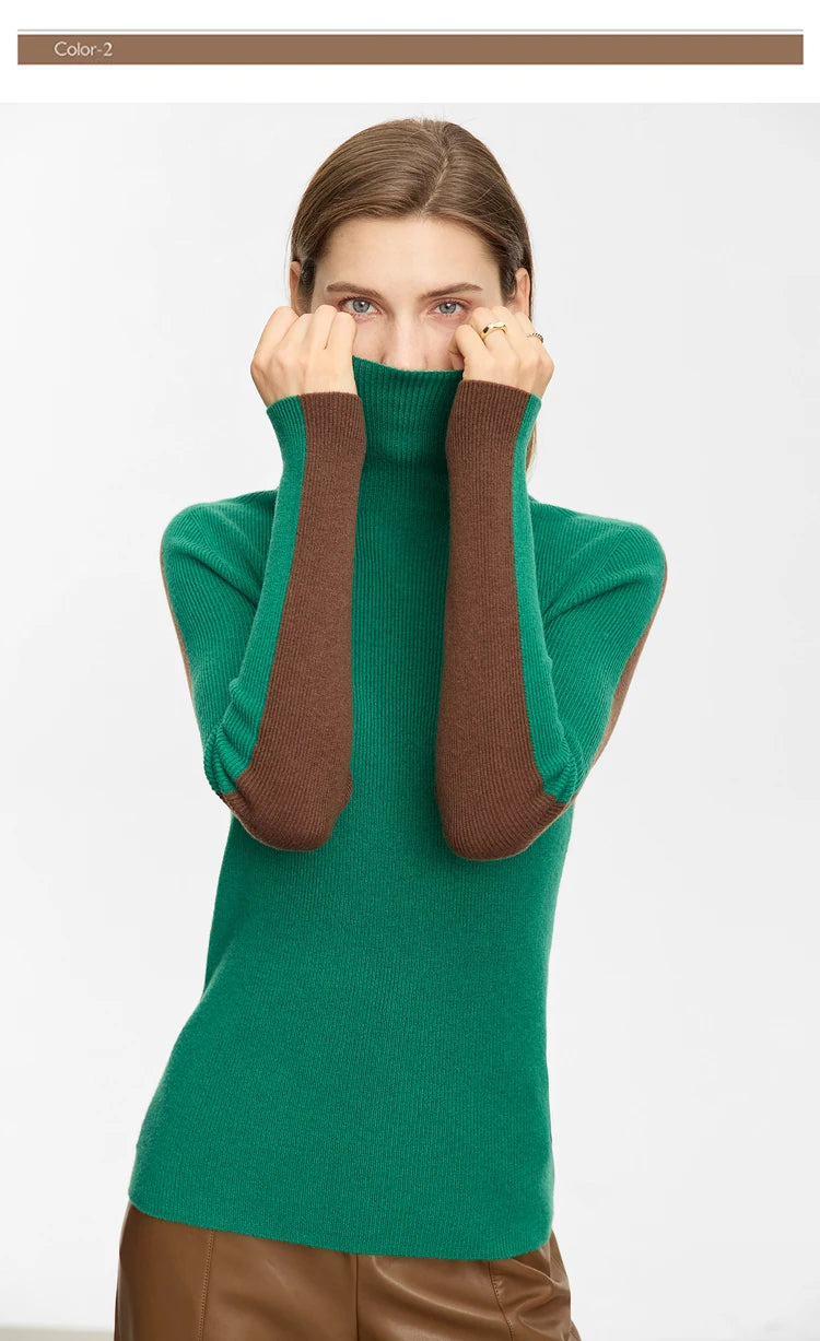 Damen-Rollkragenpullover 100 % Wolle Farbkontrast Slim Fit Frühling