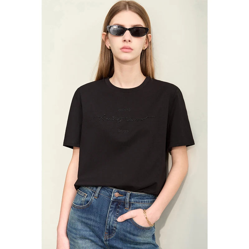 Damen T-Shirts im Minimalismus-Stil mit Kurzarm und Buchstaben-Stickerei