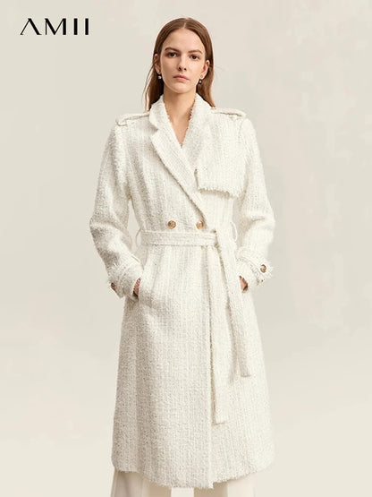 Damen Wollmantel im Winter mit Gürtel und trendigem Tweed-Stil