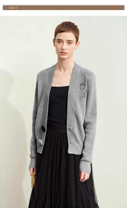 Damen-Strickjacke V-Ausschnitt Stickerei locker Langarm Herbst