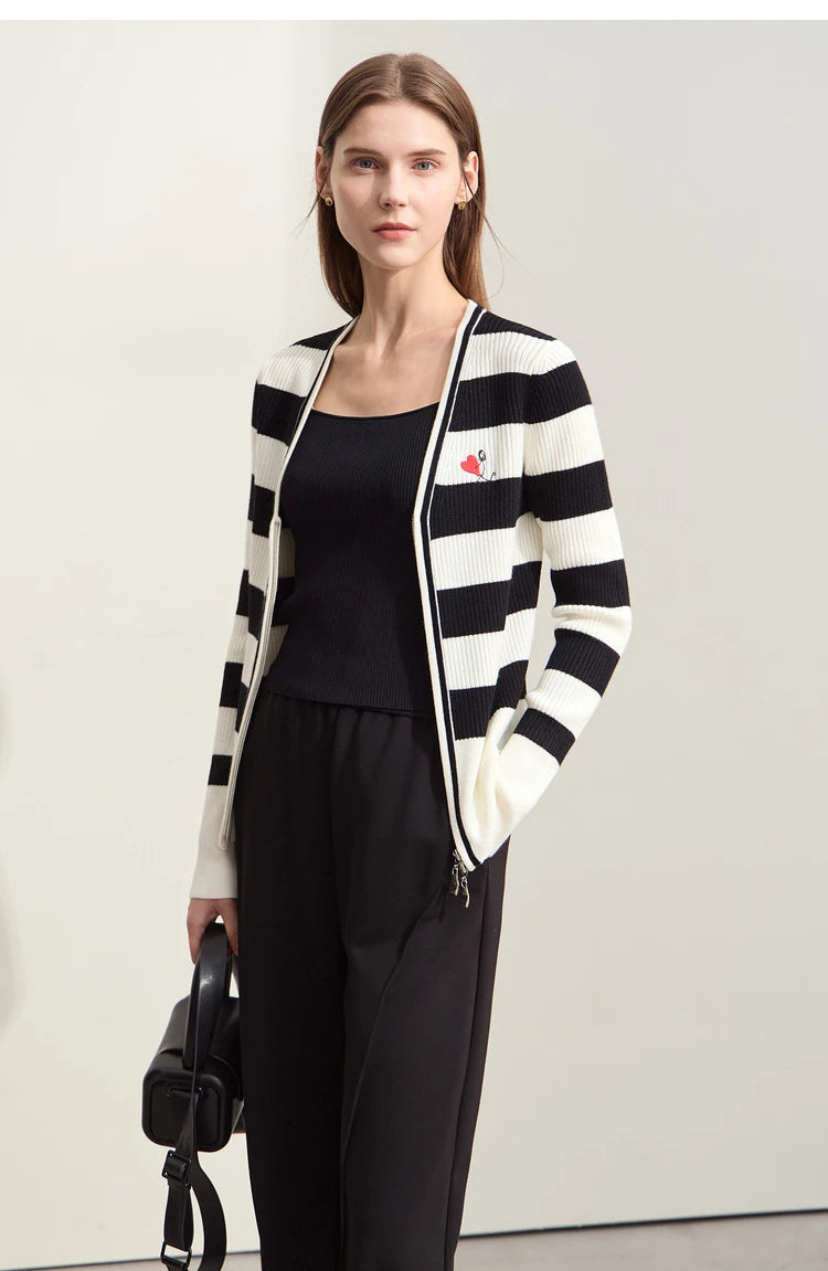 Damen-Strickjacke Kaschmir-Wolle Slim Streifen Reißverschluss Herbst