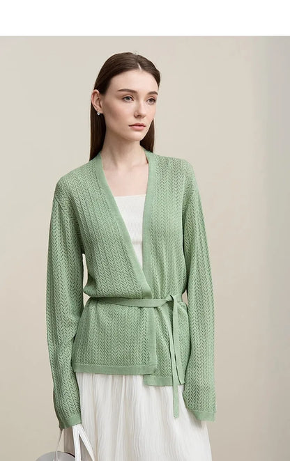 Damen-Strickjacke Lyocell V-Ausschnitt Glockenärmel Gürtel locker Frühling