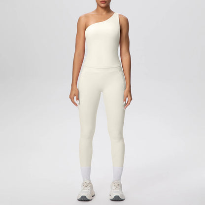 Yoga-Set aus ärmellosem Top und Leggings, helles Creme/Offwhite mit hellem Beinabschluss