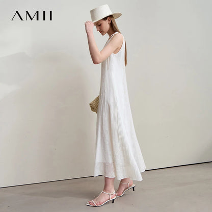 Ärmelloses Sommerkleid, V-Ausschnitt, helles Beige, langer fließender Schnitt