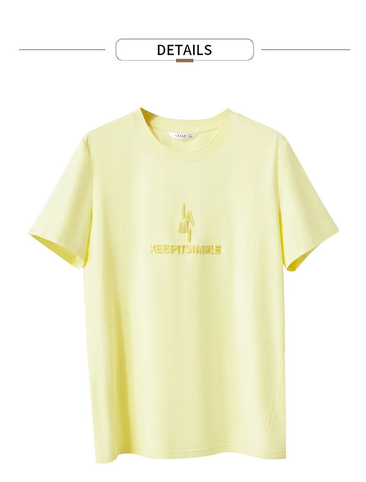 Damen T-Shirt im minimalistischen Stil mit modischer Stickerei und O-Ausschnitt