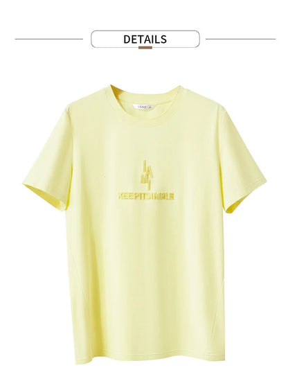 Damen T-Shirt im minimalistischen Stil mit modischer Stickerei und O-Ausschnitt