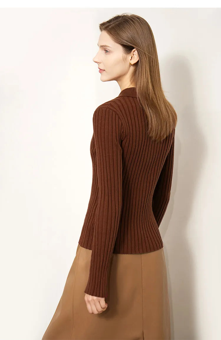 Damen-Strickjacke Polokragen Slim doppelreihig Wolle-Mix Frühling-Herbst