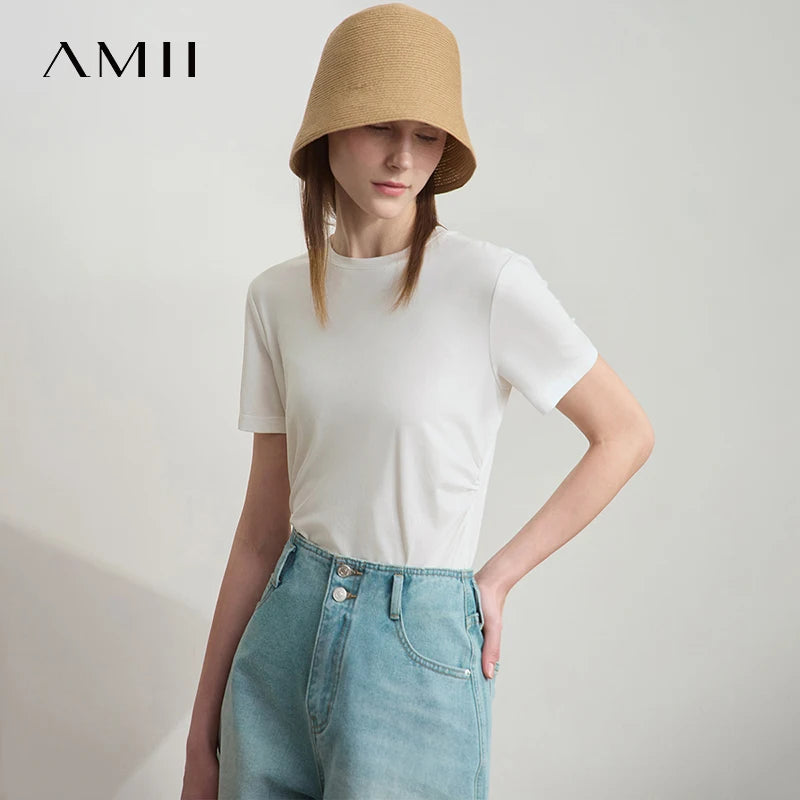 Damen T-Shirt mit Rundhalsausschnitt und gebrochenen Falten aus Modal-Baumwolle