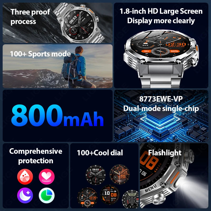 Herren Smartwatch mit 1,8 Zoll HD Display und 100 Sportmodi