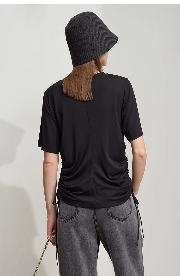 Damen T-Shirt mit solidem V-Ausschnitt und Kordelzug für den Sommer