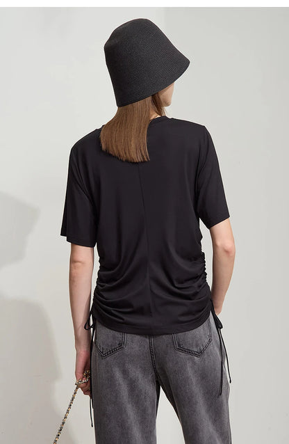 Damen T-Shirt mit solidem V-Ausschnitt und Kordelzug für den Sommer