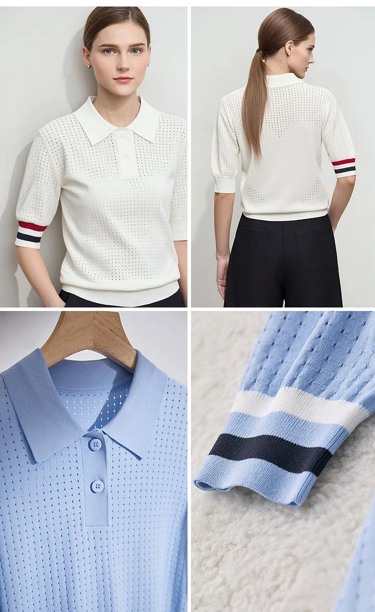 Gestricktes Damen-Poloshirt, hellblau, Detail der Knopfleiste und gestreifter Saum