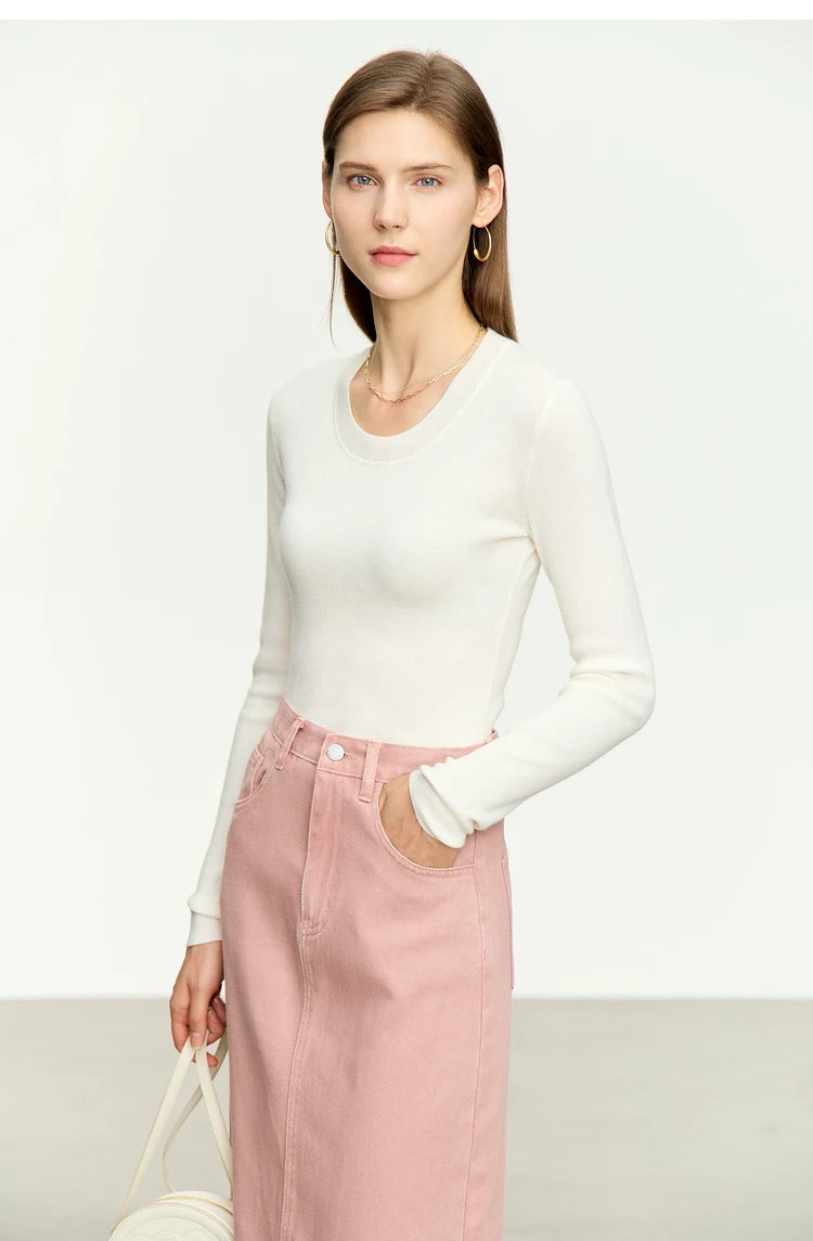 Damen-Strickpullover in Weiß mit Rund-/U-Ausschnitt und langen Ärmeln