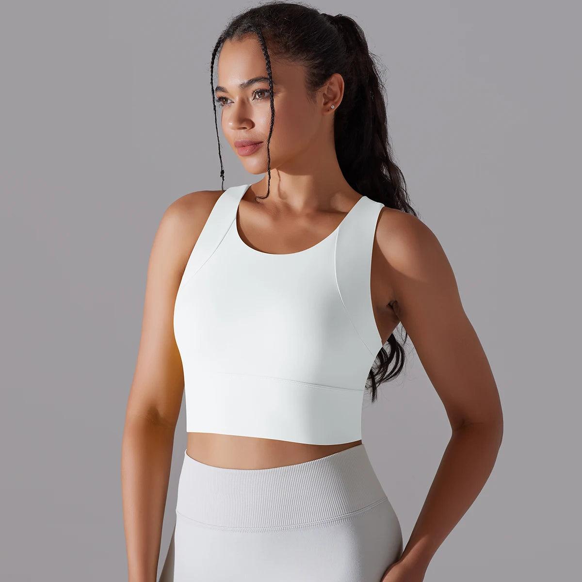 Nylon-Yogatop für Frauen, Slim Fit, ärmellos, U-Ausschnitt, Weiß, Vorderansicht