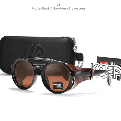 Sonnenbrille rund Vintage Leder-Schild Twin-Bridge polarisiert Herren Damen