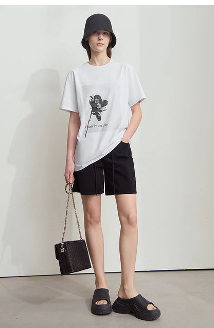 Damen T-Shirt mit minimalistischem O-Ausschnitt und Pailletten-Verzierung