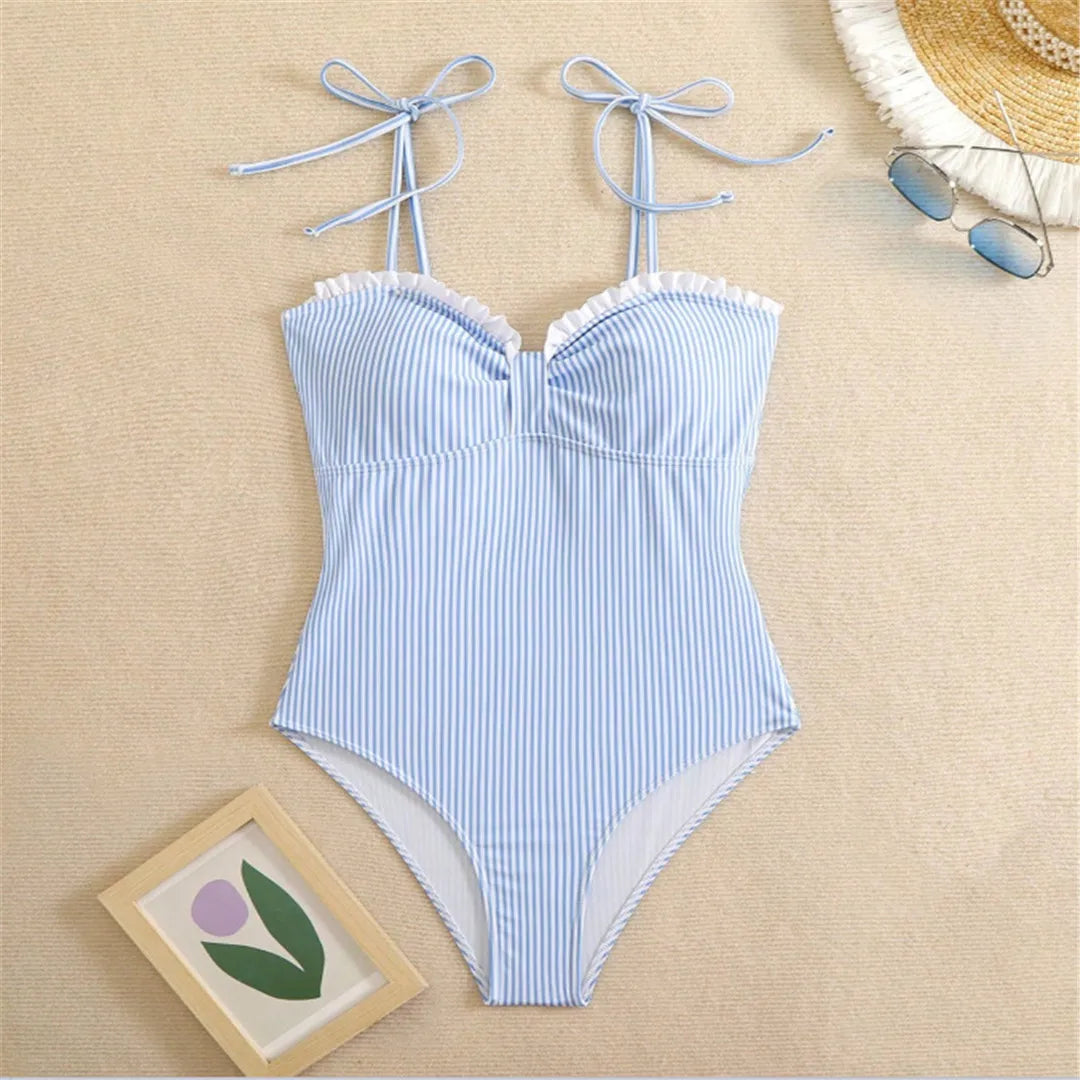 Damen Badeanzug gestreift Rüschen Riemen Monokini hoher Beinausschnitt gepolstert