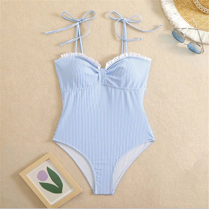 Damen Badeanzug gestreift Rüschen Riemen Monokini hoher Beinausschnitt gepolstert